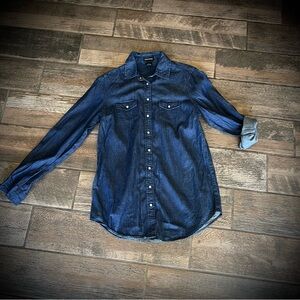 Cotton Express dark blue long sleeve western snap front top shirt M